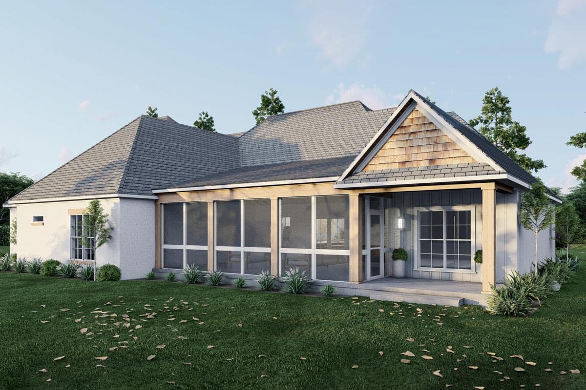 House plan exterior: One-story home with white brick, prominent screened porch, and shingle-clad gable.
