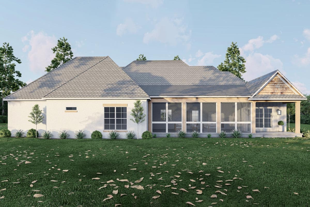 House plan exterior: One-story white stucco home with hip roof, screened porch, and prominent gables.