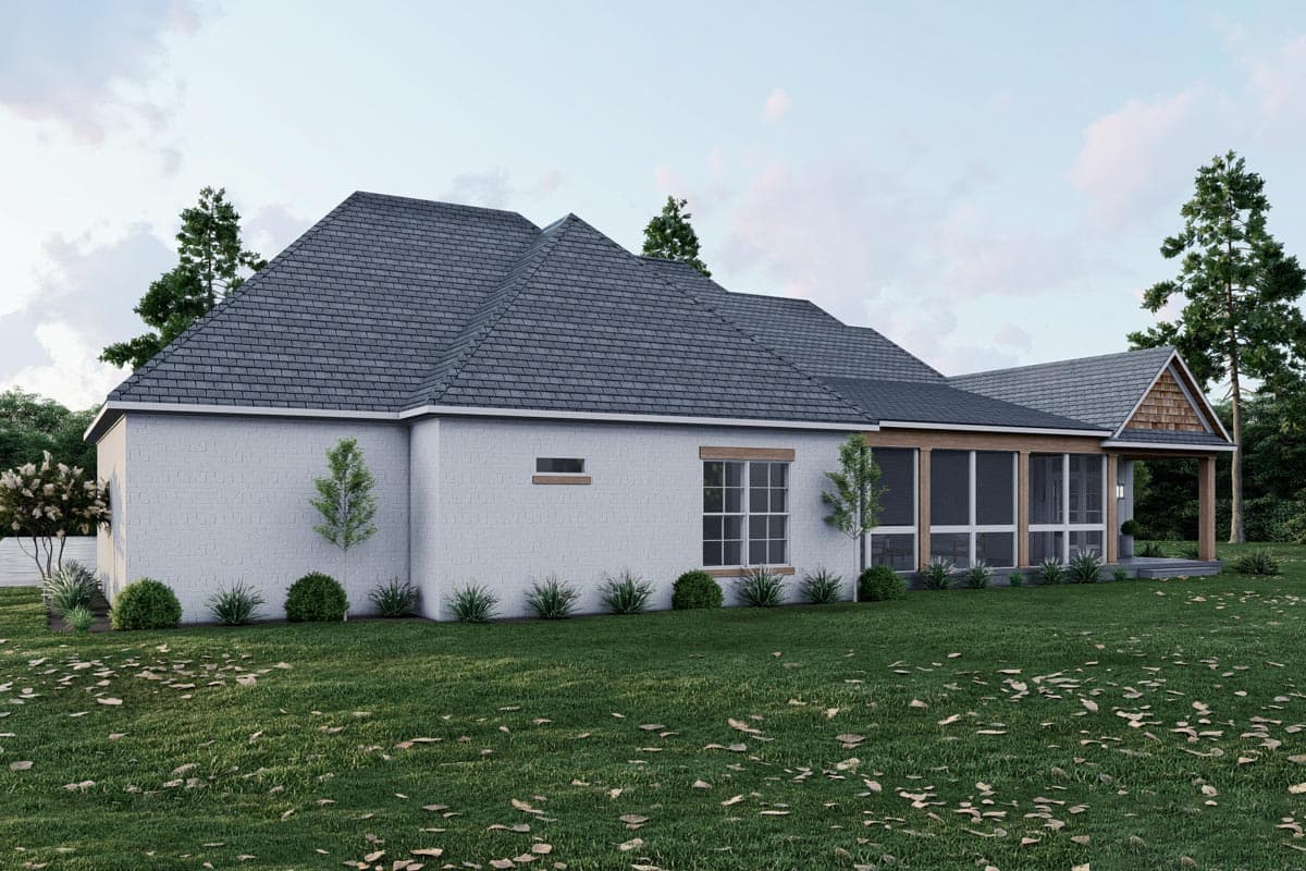 House plan exterior with white brick, multiple gables, screened porch, and wood-shingled roof overhang.