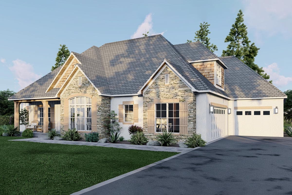House plan exterior with stone accents, gables, dormers, covered porch, and a side-entry three-car garage.