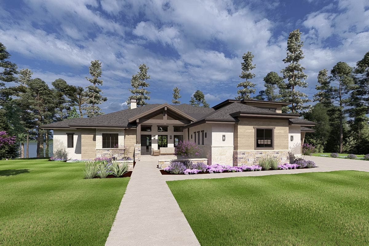 House plan exterior with Craftsman style, one story, and a gabled entry. Features include stone accents, wood siding, and a covered porch.