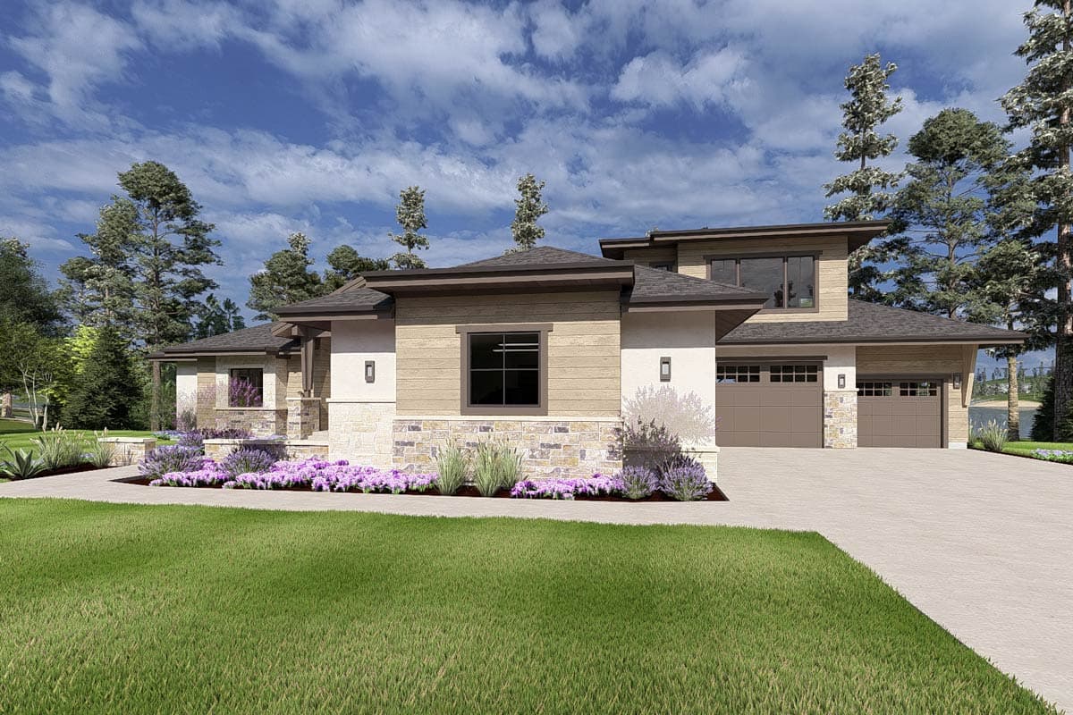 House plan exterior: Contemporary style, single-story with stucco, wood siding, stone accents, prominent rooflines, and a covered entry.