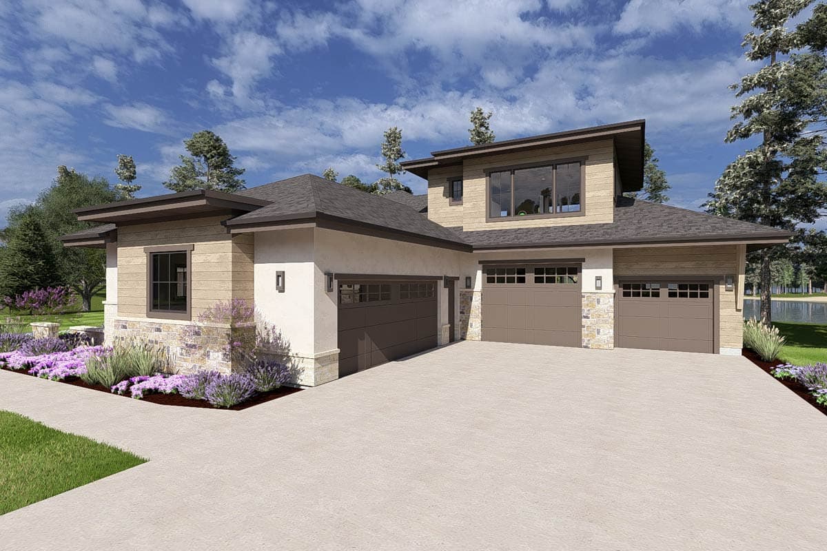 House plan exterior, modern style, featuring a mix of wood siding and stucco, a covered balcony, and stone column accents.