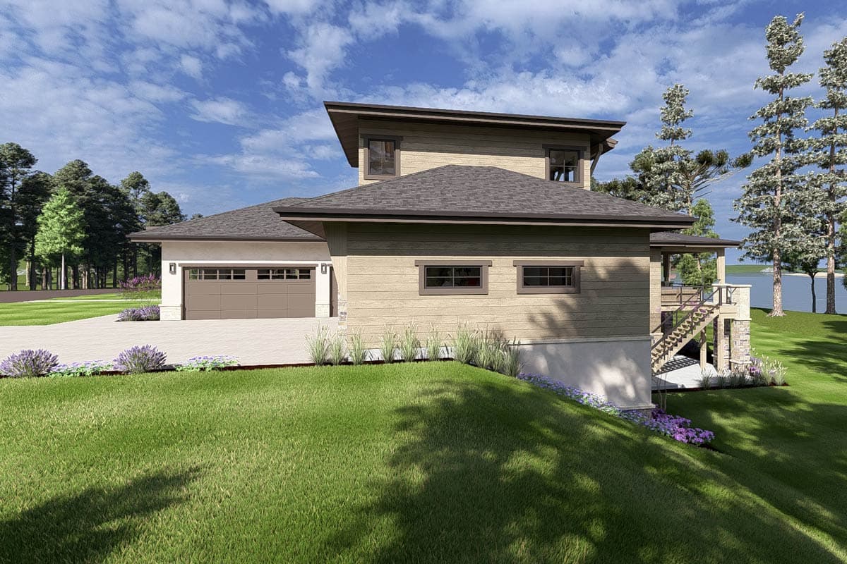 House plan exterior: Modern mountain style with wood siding, stone accents, multi-level decks, and exposed beam rooflines.
