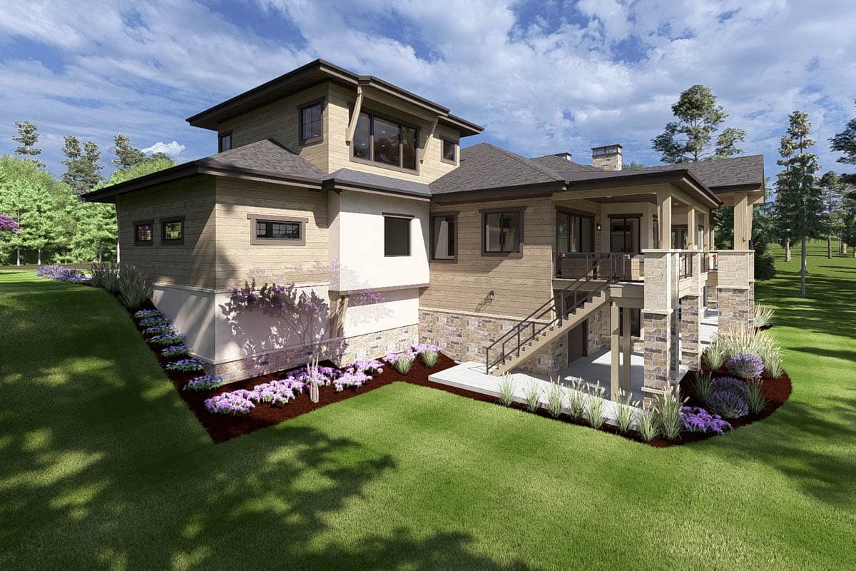 House plan exterior: Modern style, multiple stories, covered balconies, stone accents, and exposed wood beams.