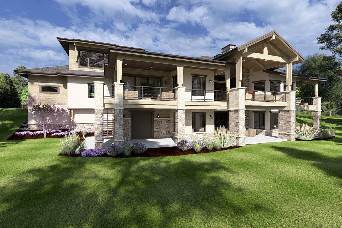 House plan exterior: Modern style, two stories, wood siding, stone accents, covered porch, and multiple gables.