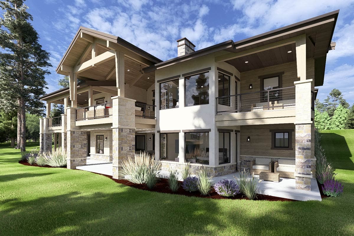 Modern house plan exterior with a two-car garage, layered rooflines, horizontal siding, and elevated deck.