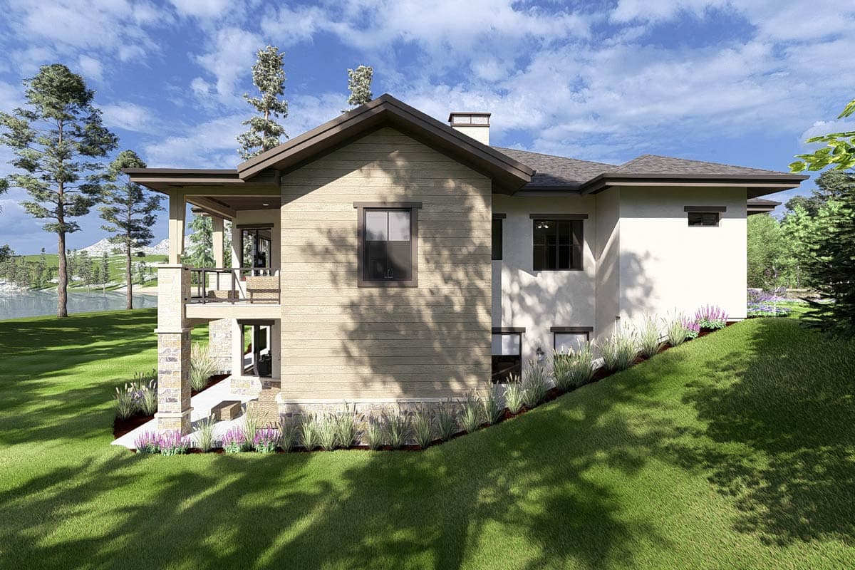 House plan exterior, modern style, with a three-car garage, stone accents, horizontal siding, and prominent rooflines.