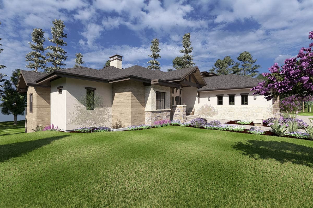 House plan exterior: Modern style, one-story with stone and wood siding, multiple gables, and a three-car garage.