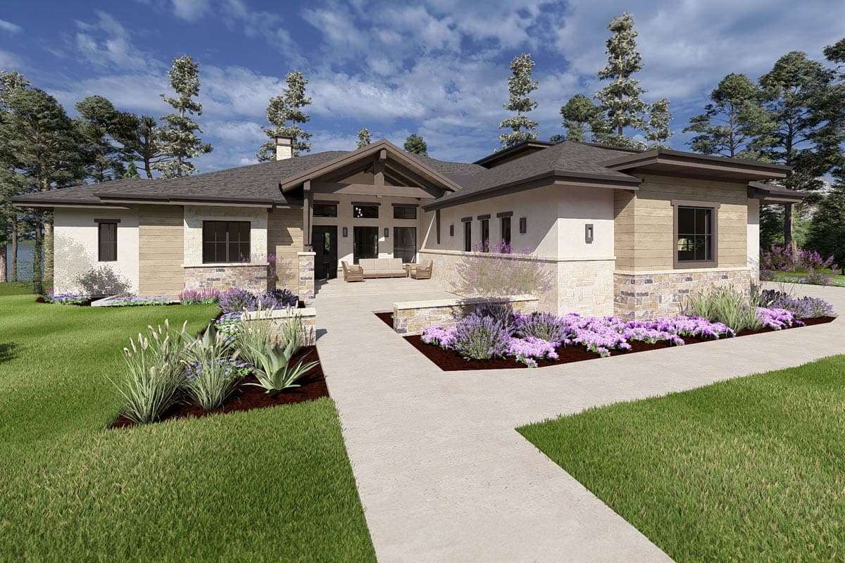 House plan exterior: Modern home with stone and wood siding, pitched and flat roof sections, and a three-car garage.