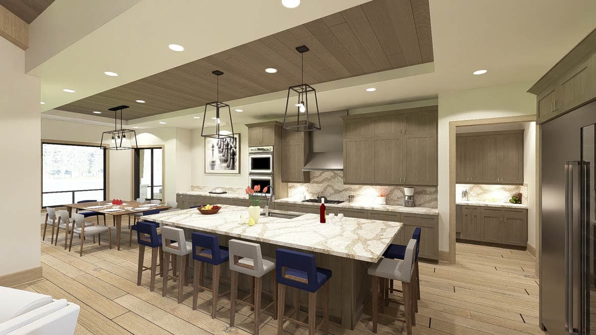 Interior rendering of an open concept living area with vaulted wood-beamed ceiling, fireplace, and island kitchen.