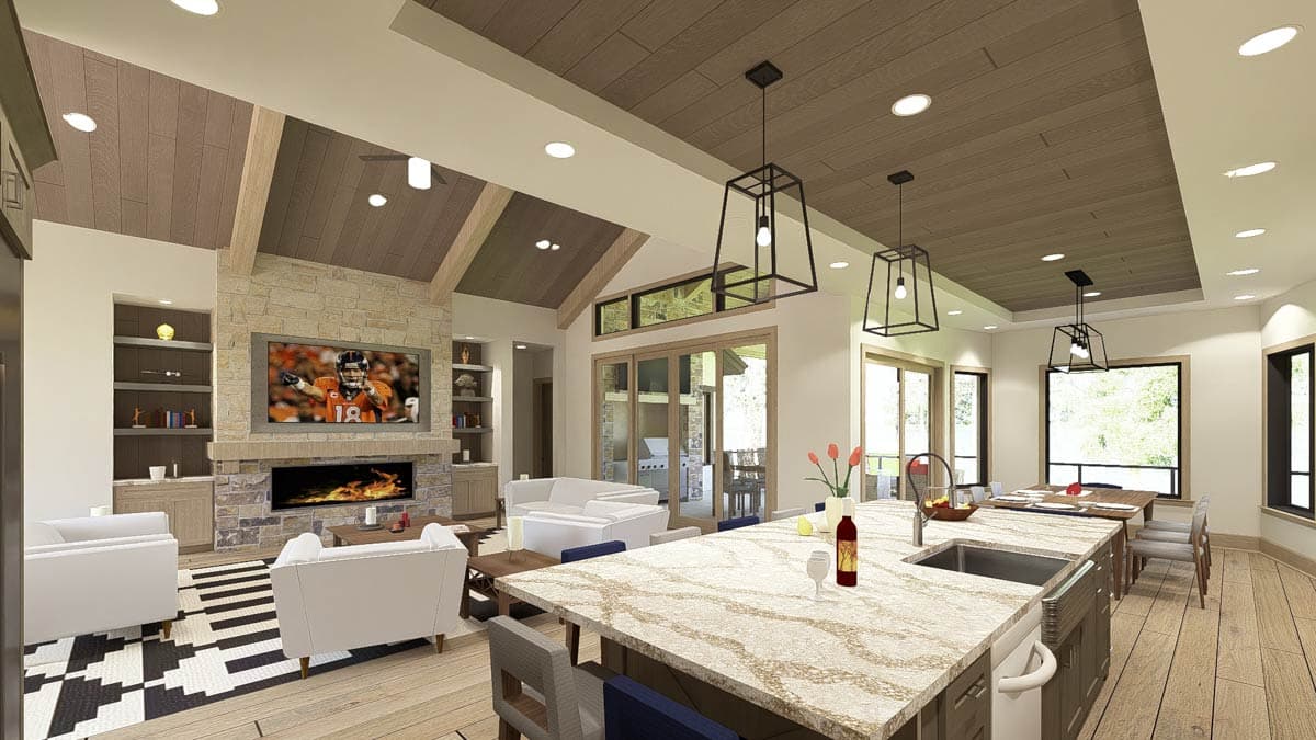 Interior rendering of open-concept living space with vaulted wood-beamed ceiling, stone fireplace, kitchen island, and seating areas.