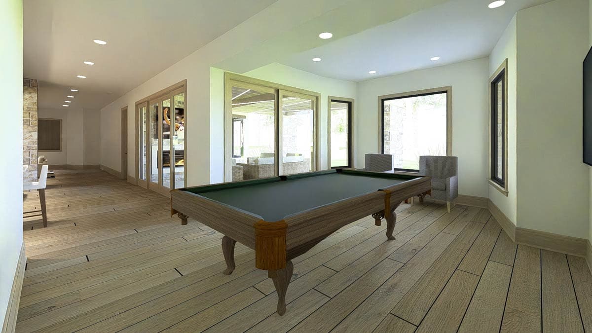 Master bedroom rendering with paneled accent wall, tray ceiling with beams, ceiling fan, and sliding barn door.