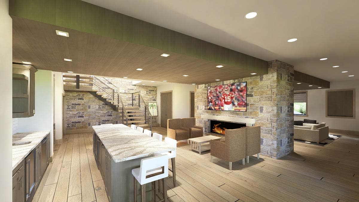 Interior rendering of a bedroom with a coffered wood ceiling, ceiling fan, large windows, and a sliding barn door.