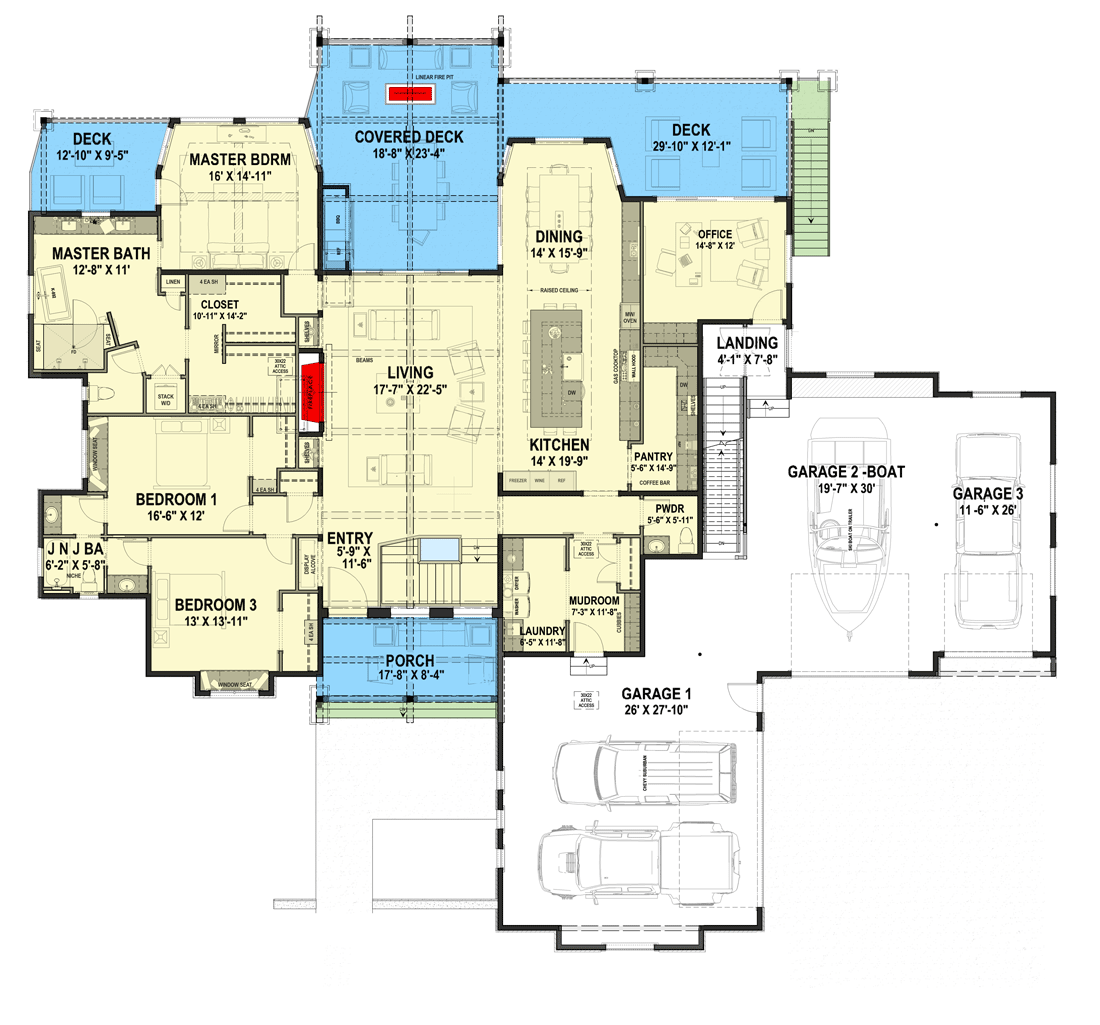 Plan 64529SC: Modern Ranch with Second-Story Gym for the Rear-View Lot - Floor Plan - Main Level - Craftsman, Mountain, New American, Prairie, Ranch, Shingle