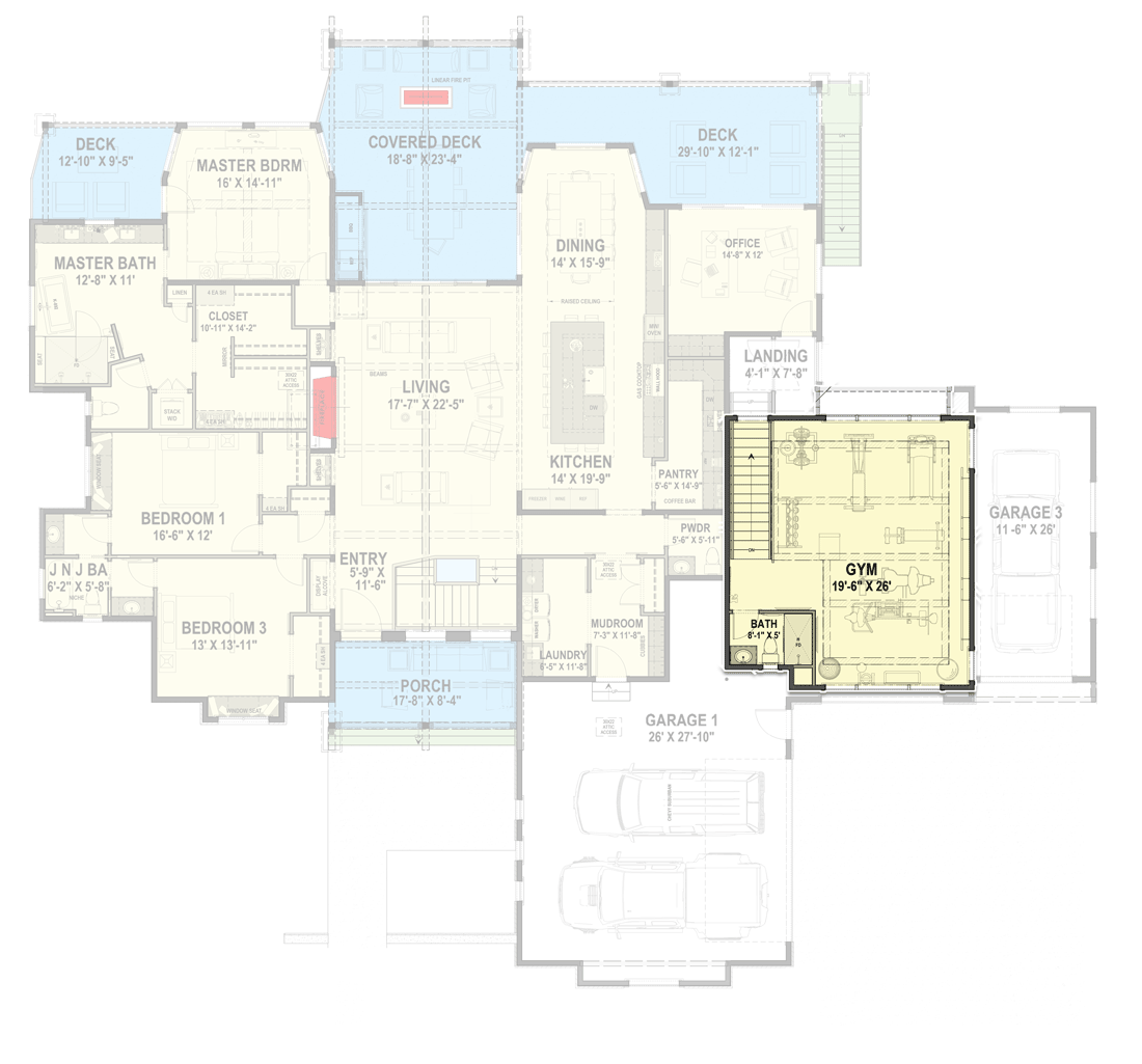 Plan 64529SC: Modern Ranch with Second-Story Gym for the Rear-View Lot - Floor Plan - 2nd Floor - Craftsman, Mountain, New American, Prairie, Ranch, Shingle