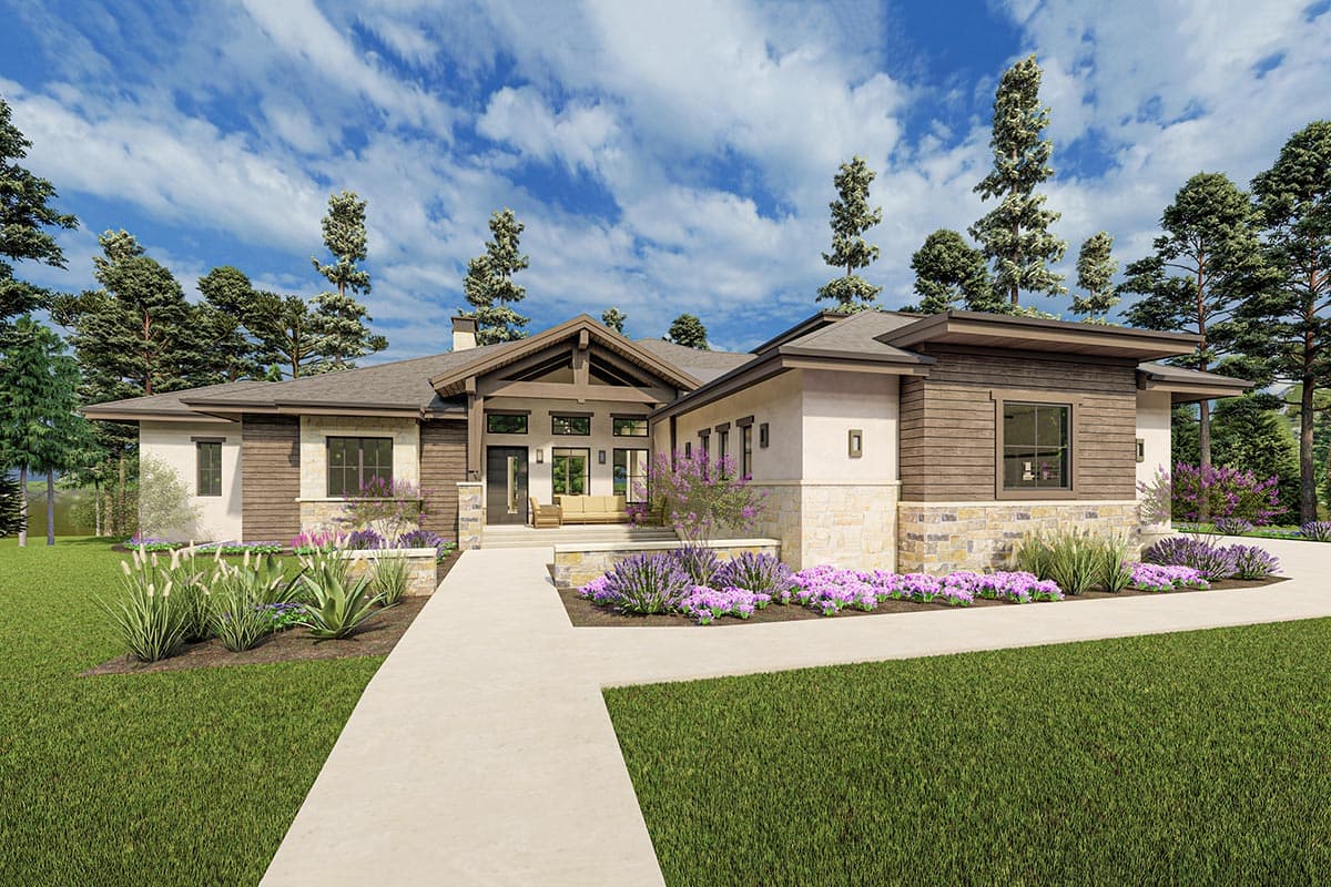 House plan exterior with Craftsman style, one story, and a gabled entry. Features include stone accents, wood siding, and a covered porch.