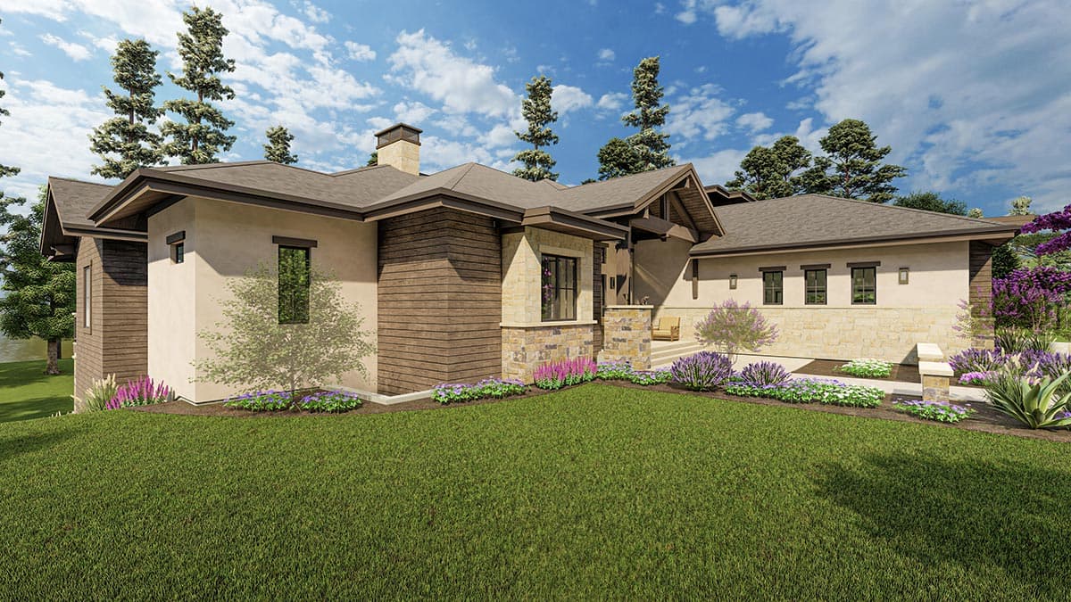 House plan exterior: Contemporary style, single-story with stucco, wood siding, stone accents, prominent rooflines, and a covered entry.