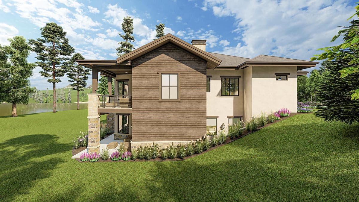 House plan exterior, modern style, featuring a mix of wood siding and stucco, a covered balcony, and stone column accents.