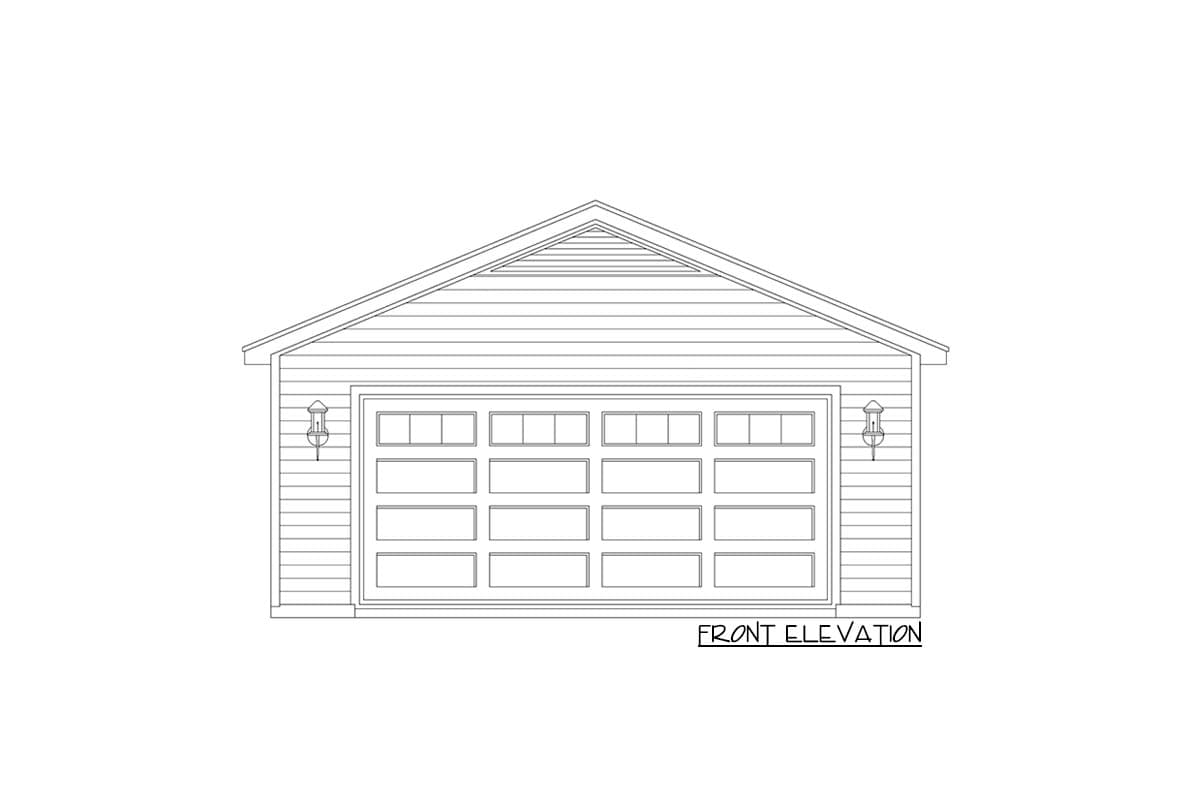 Front elevation drawing of a garage with a gable roof, paneled garage door with windows, and wall-mounted light fixtures.