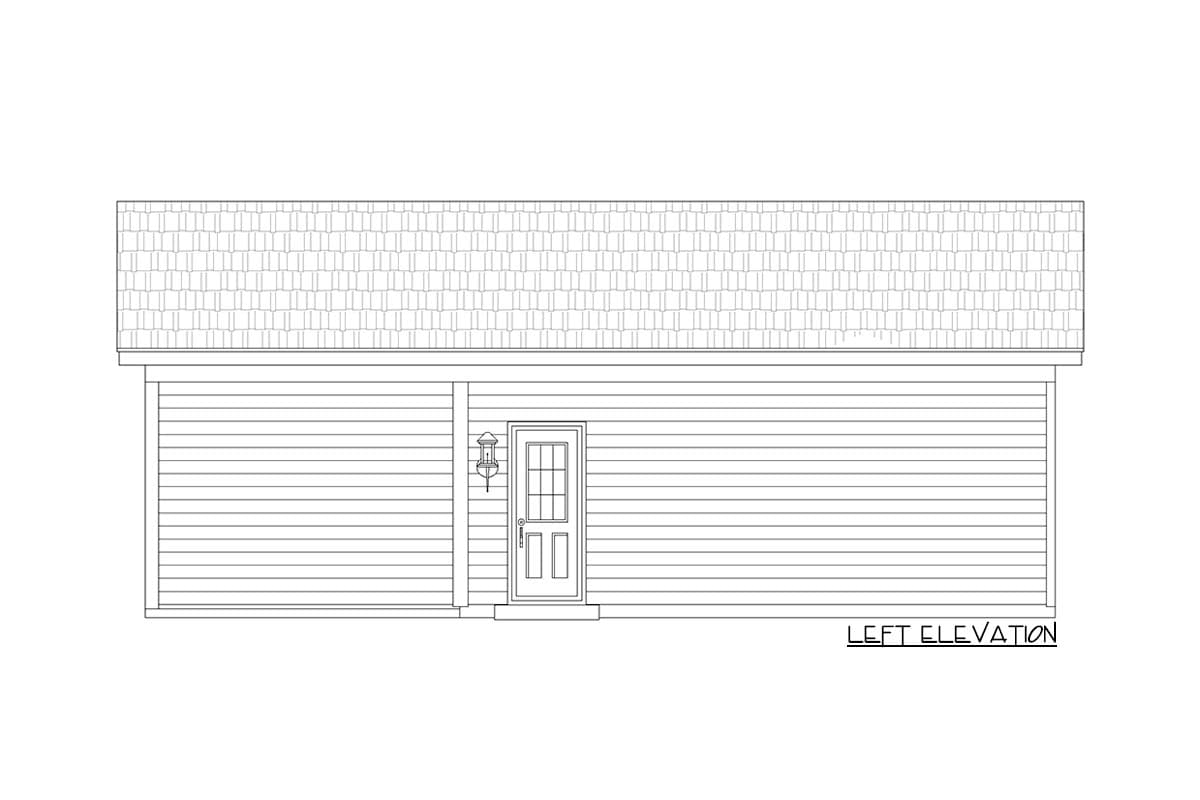 House plan left elevation drawing shows a single-story structure with horizontal siding, a door, and a shingled roof.