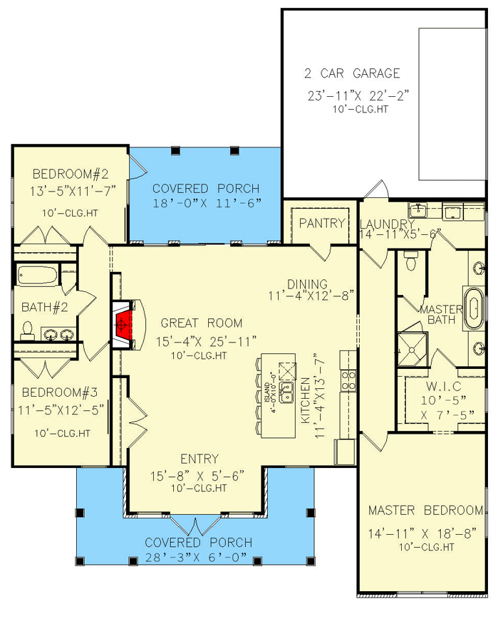 Plan 25777GE: New American Ranch with Wraparound Porch and Rear Garage - Floor Plan - Main Level - Country, Farmhouse, Modern Farmhouse, New American, Ranch