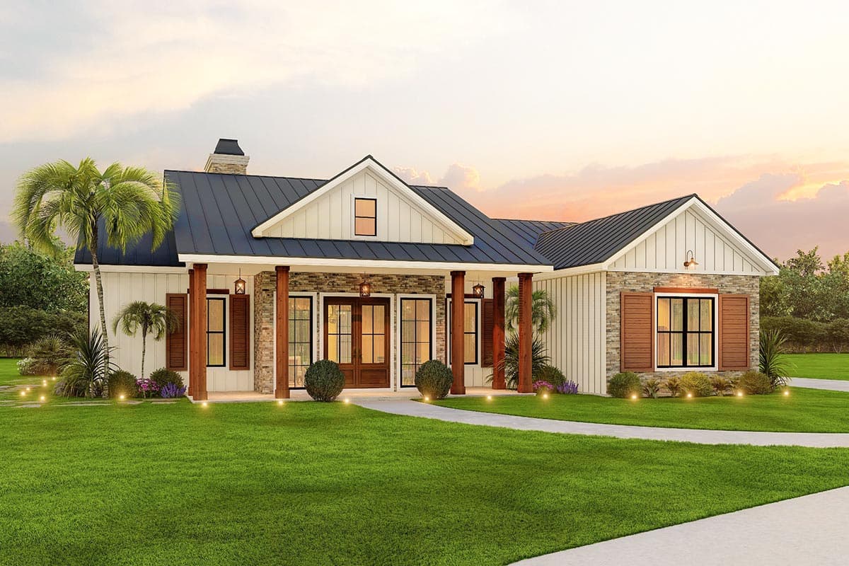 House plan exterior. Modern farmhouse with a single story, front porch with columns, gables, and a dark metal roof.  Stone and wood accents.