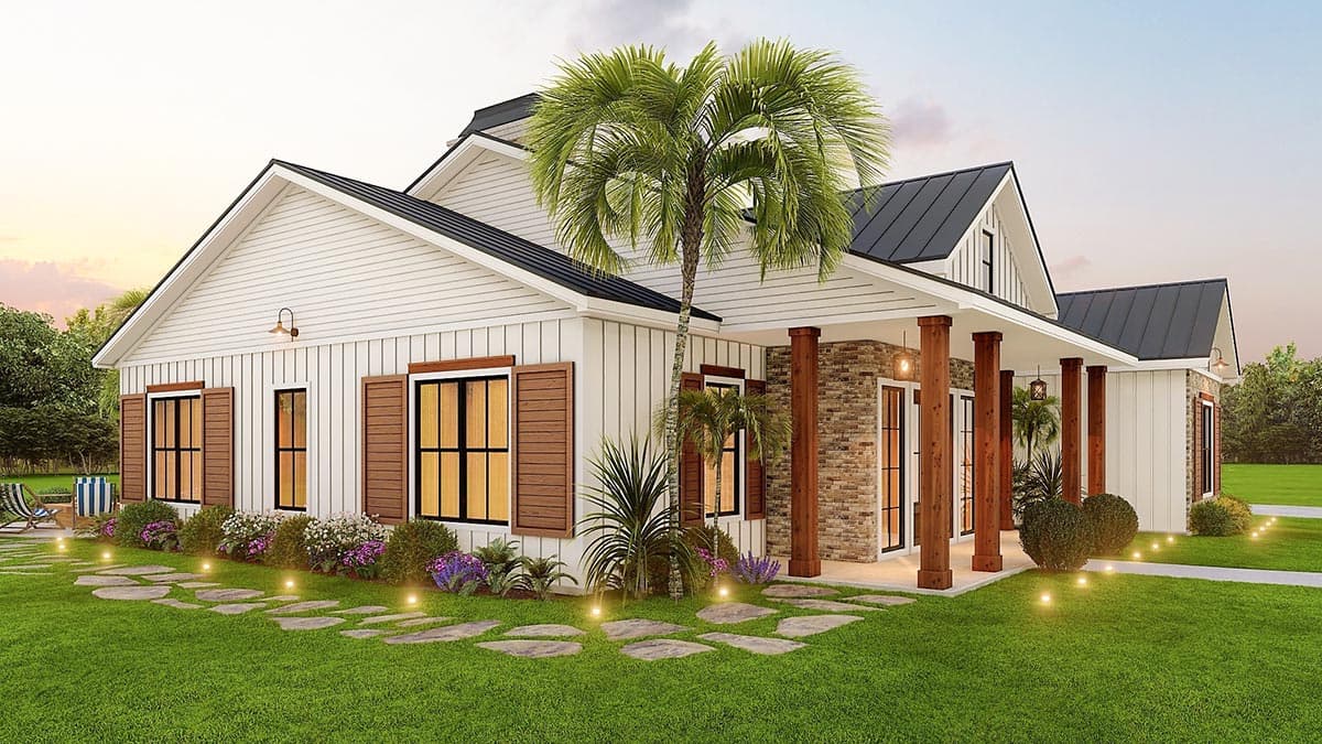 Modern Farmhouse house plan exterior with board and batten siding, gables, metal roof, and a stone-accented porch with wood columns.