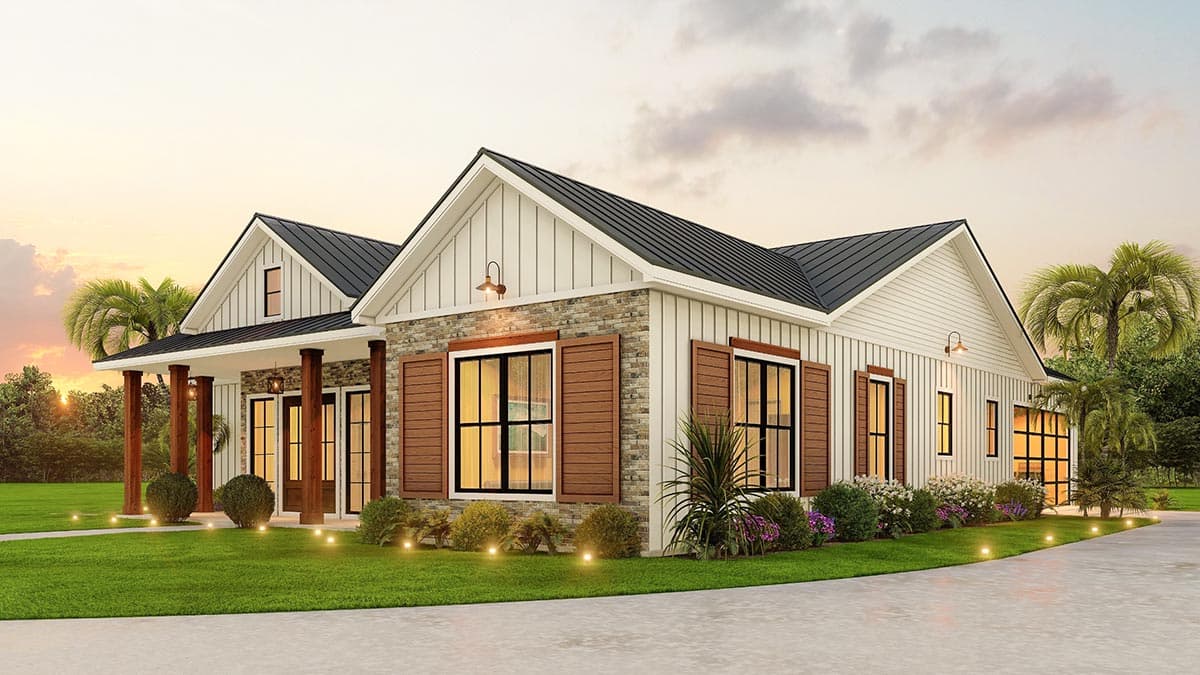 Modern Farmhouse style house plan exterior with a covered porch, stone and board-and-batten siding, and gabled rooflines.