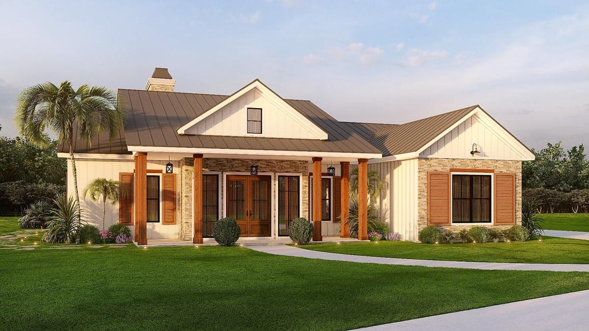 House plan exterior, Modern Farmhouse style, single story, featuring a covered porch with wood columns, metal roof, and stone accents.