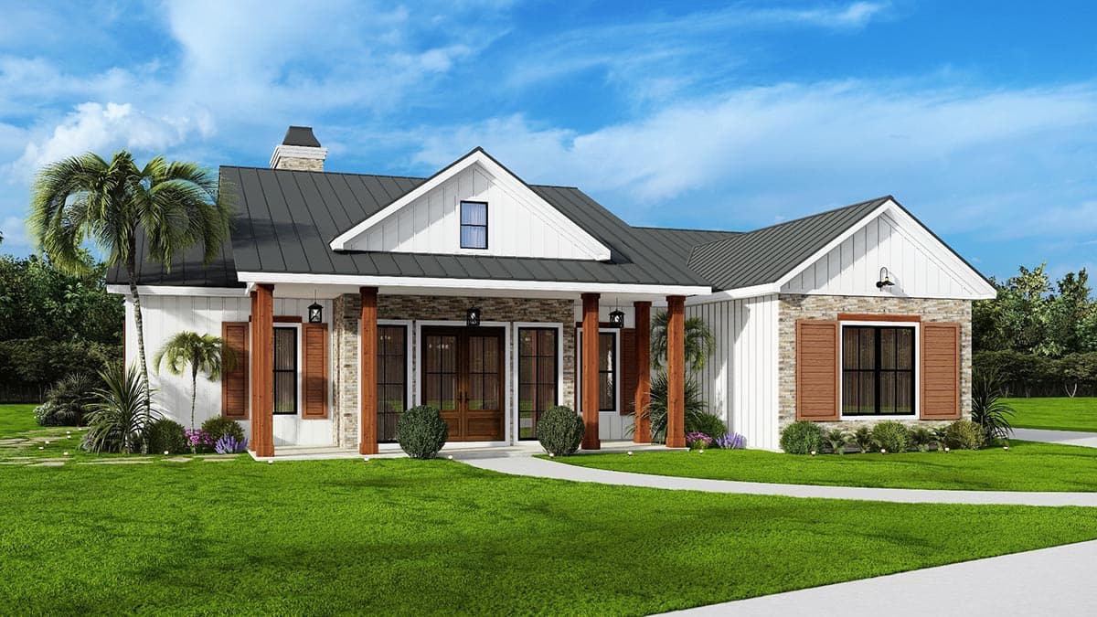 Modern Farmhouse house plan exterior with a gabled roof, stone and board-and-batten siding, and a covered front porch with wood columns.
