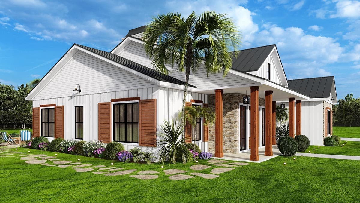 Modern Farmhouse house plan exterior with a covered porch, stone accents, board and batten siding, and gabled rooflines.
