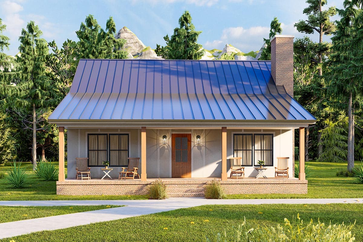 House plan exterior with a blue metal roof, brick chimney, and a front porch supported by columns. The home is one story.