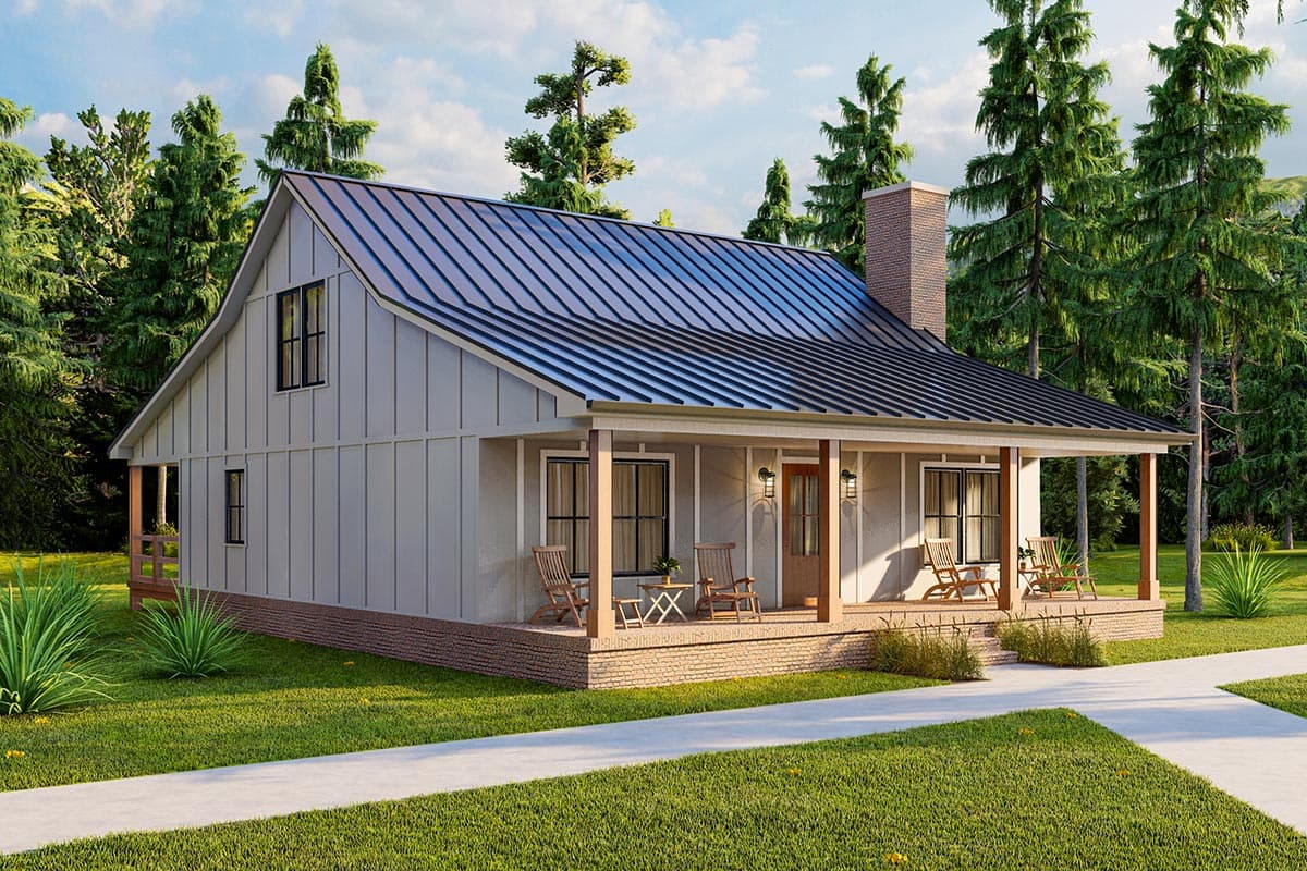 Modern Farmhouse house plan exterior with gabled roof, metal roofing, full-width porch, and brick foundation.