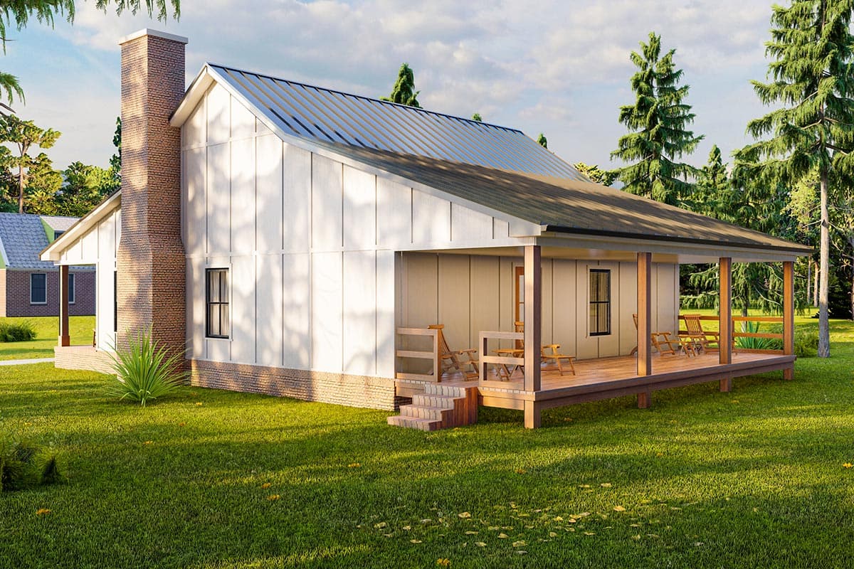 House plan exterior, Modern Farmhouse style, one story, large brick chimney, gable roof, and wrap-around porch.