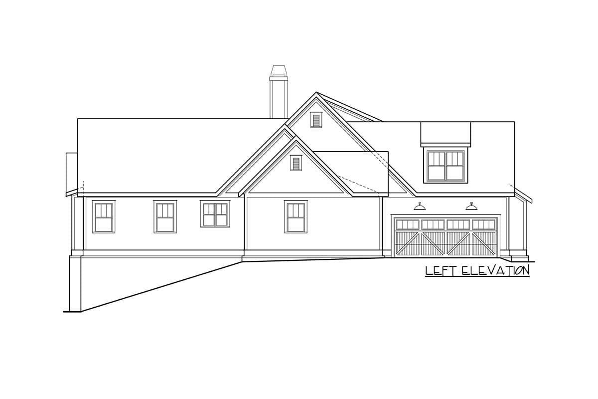 Left elevation house plan featuring a two-car garage with a cross-buck door, dormer window, and gabled rooflines.