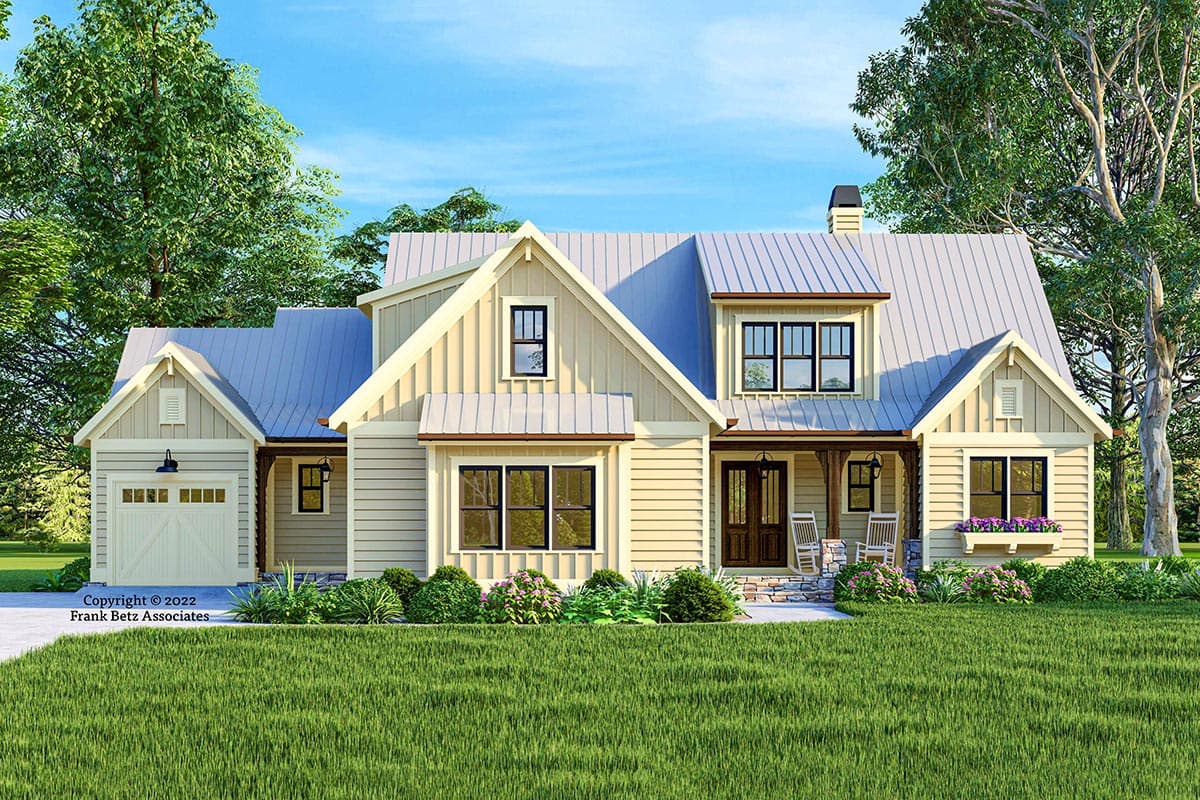 Modern Farmhouse house plan exterior with metal roof, gabled dormers, covered entry porch, and side-entry garage.