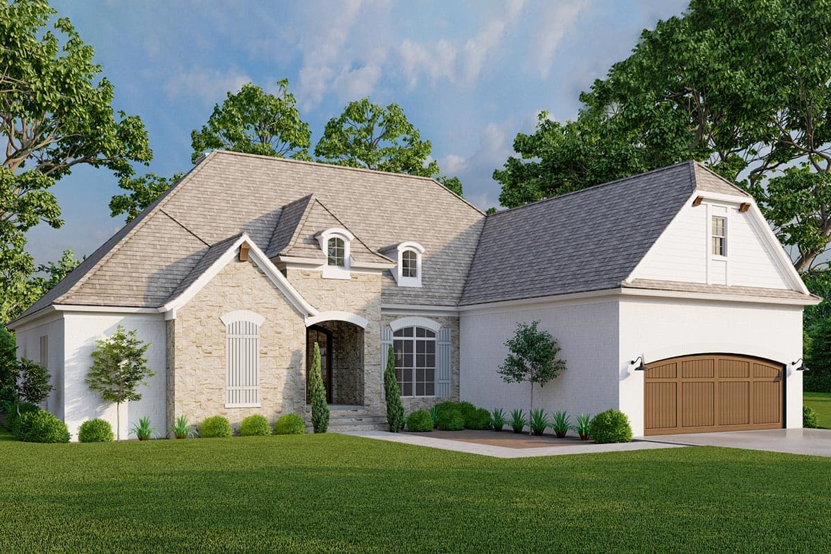 House plan exterior. Two-story, French-style home with stone facade, arched entry, dormers, and attached garage. Stone and stucco exterior.