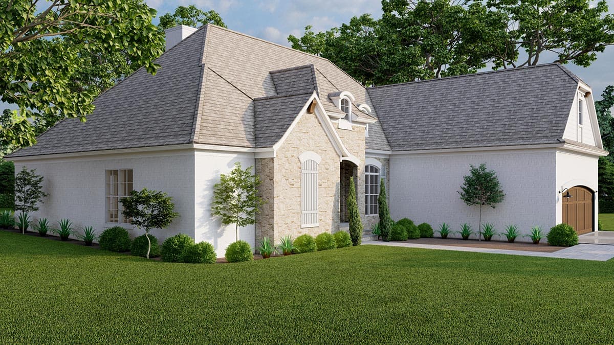 House plan exterior: White brick, stone accents, steeply pitched roof with dormers and gables, arched entryway, attached garage.