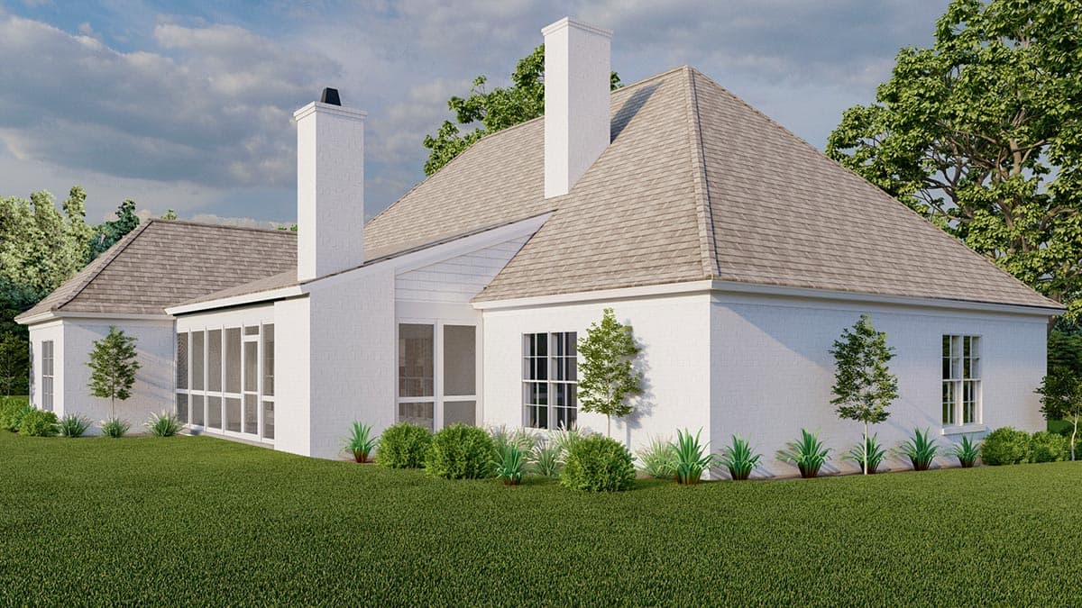 House plan exterior showing white brick walls, multiple gables, a screened porch, and two prominent chimneys.