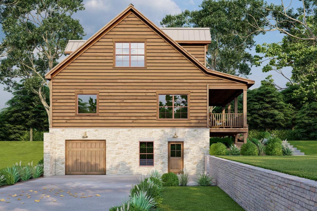 House plan exterior: two-story design with horizontal wood siding, stone base, a covered porch, and a two-car garage.