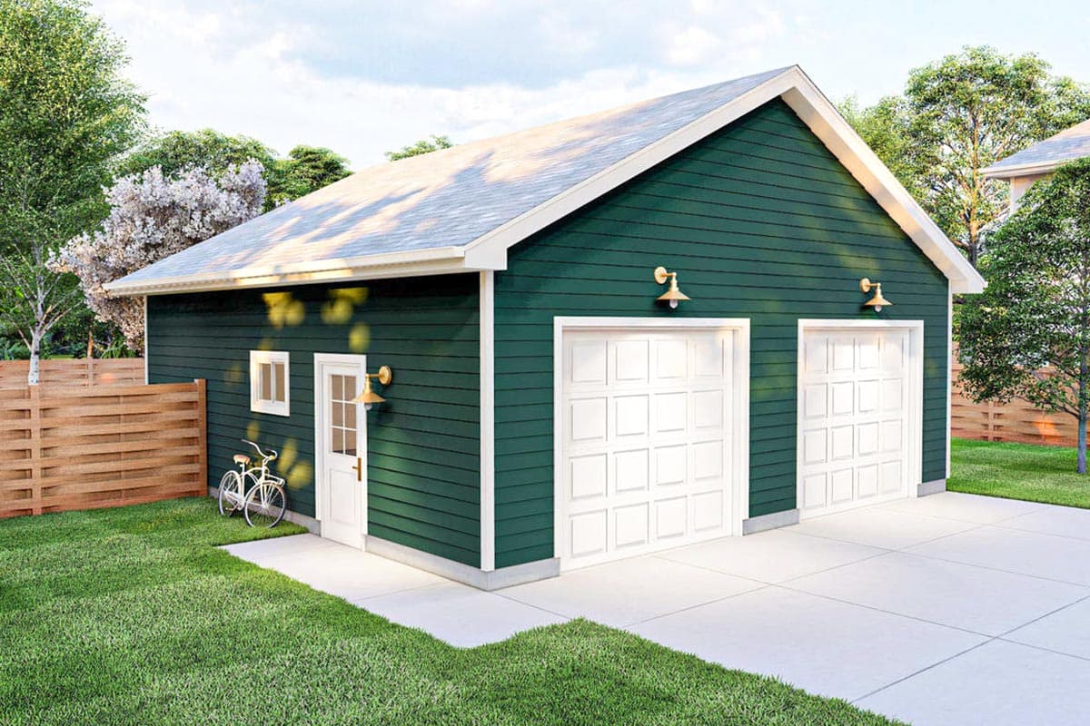 House plan exterior. Two-car garage with gabled roof, horizontal siding, and two garage doors. Features include a side entry door and exterior lighting.