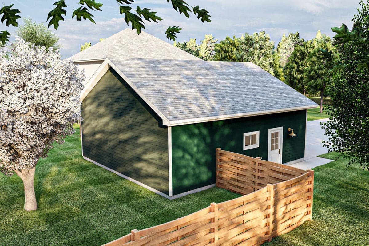 House plan exterior with dark green siding, white trim, gable roof, one story, one window, and one door.