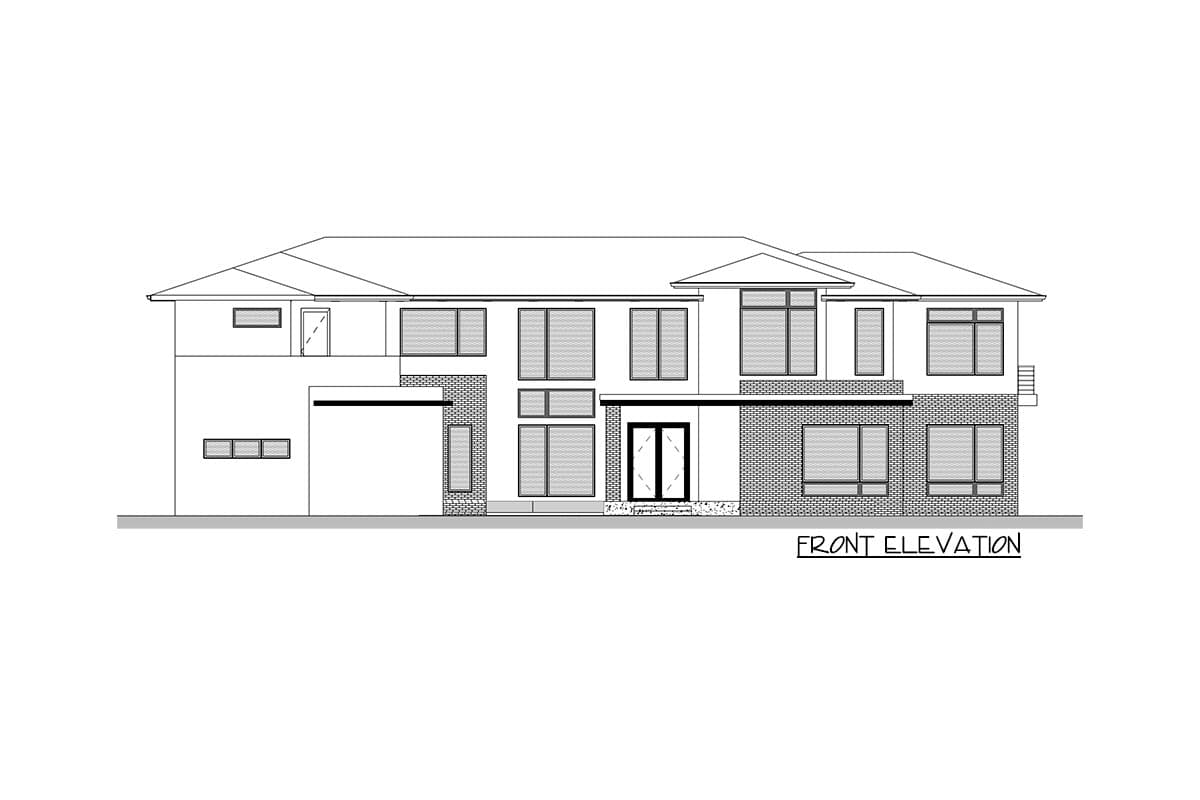 Front elevation of a two-story house plan featuring a mix of brick and stucco, a prominent front entrance, and numerous windows.