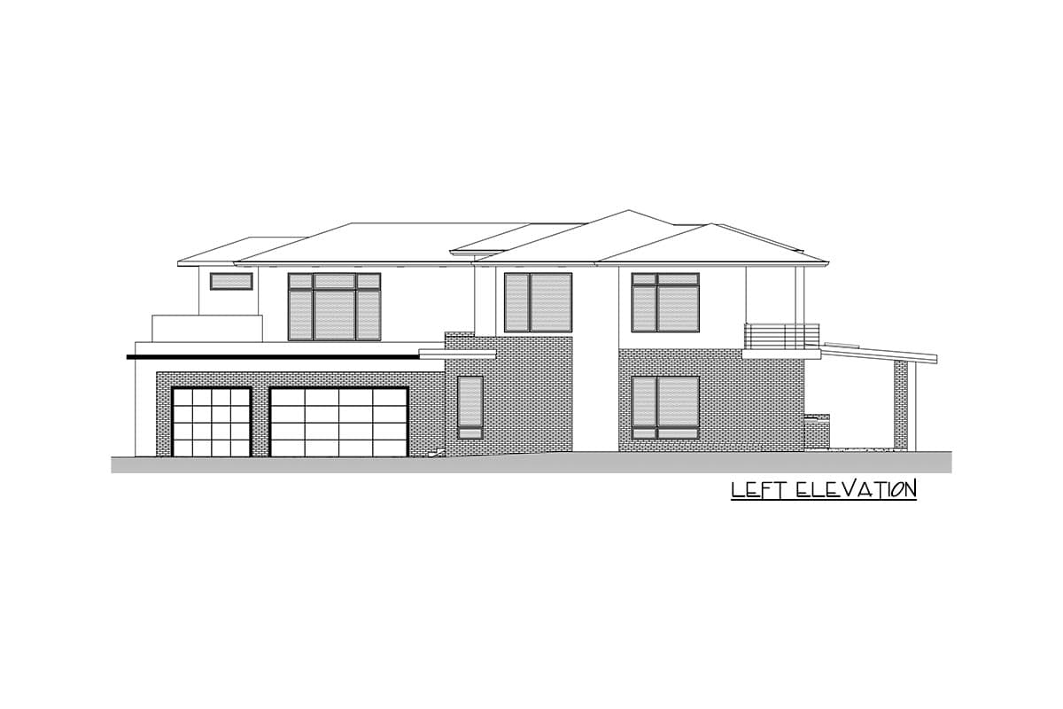 Left elevation drawing of a two-story house with dual garage doors, brick accents, and a covered patio.