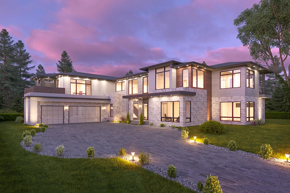 House plan exterior. Two-story Modern house with a stone and stucco facade. Features include a flat roof, large windows, and an attached garage.