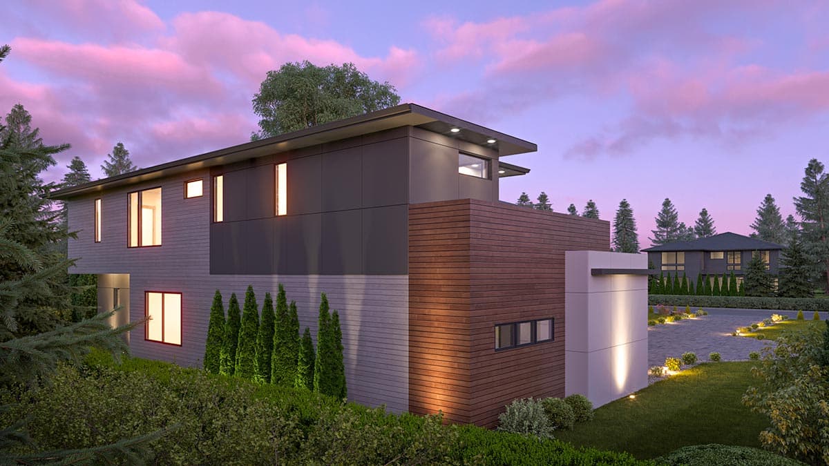 House plan exterior, contemporary style, two stories, flat roof, wood and panel siding, large windows, entrance overhang.