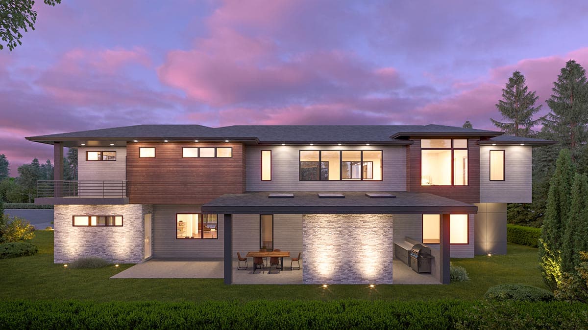 Modern house plan exterior with two stories, flat roof, wood and stone facade, upper-level balcony, and covered outdoor living space.