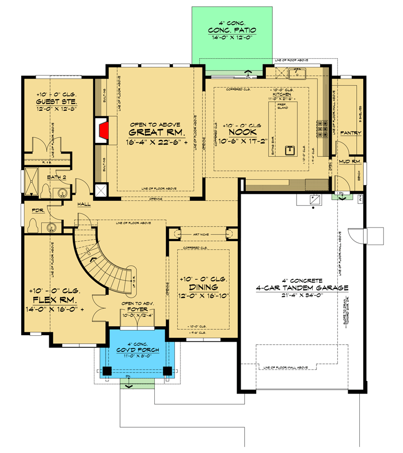 Plan 666179RAF: 5-Bed Modern Home Plan with 4-Car Tandem Garage - Floor Plan - Main Level - Mid Century Modern, Modern, Northwest, Prairie