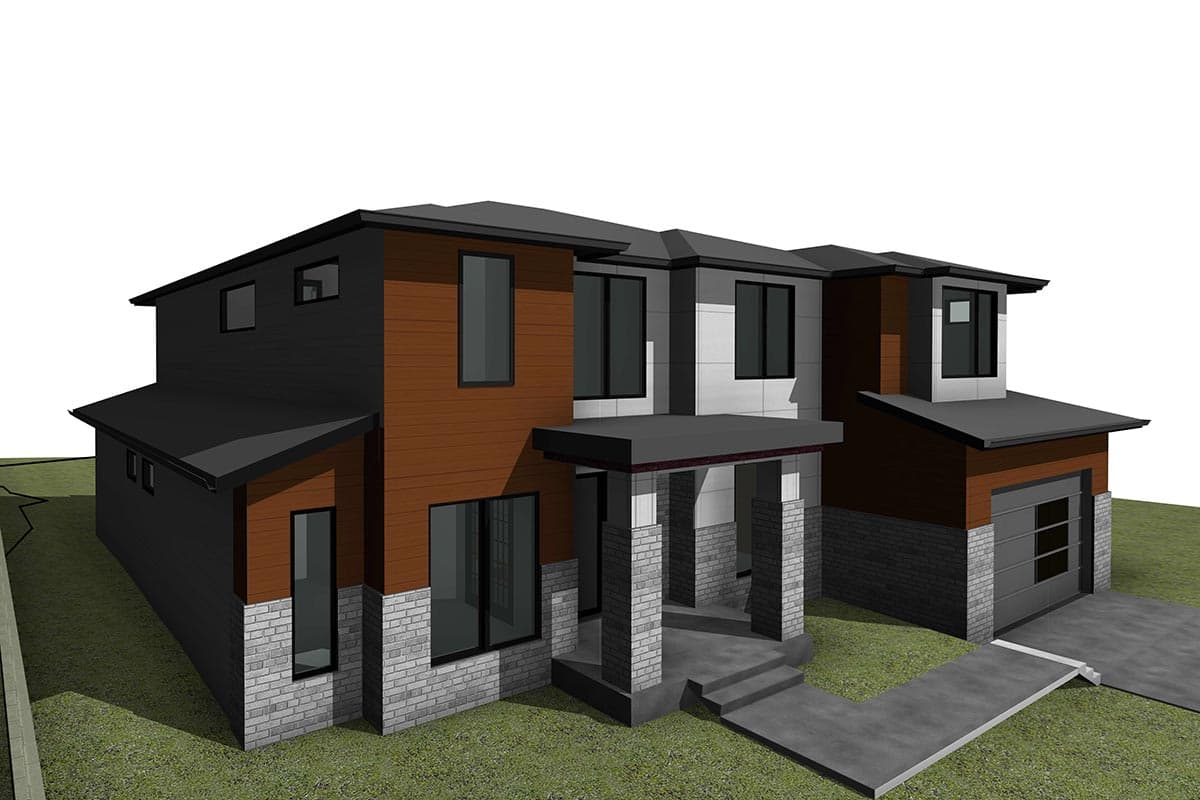 House plan exterior rendering with a modern style, two stories, timber siding, brick base, and a covered entry.